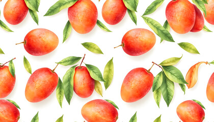 Wall Mural - Seamless pattern with watercolor mango fruits isolated with white highlights, png