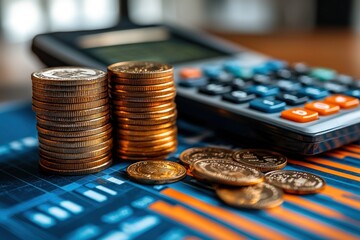 Aufkleber - Stacks of Coins Beside a Calculator on a Financial Graph