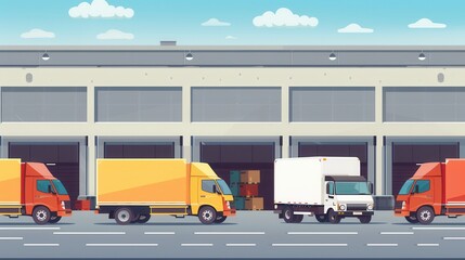Fototapete - Trucks and vans are parked outside a warehouse, prepared for loading goods during busy daytime operations. Generative AI