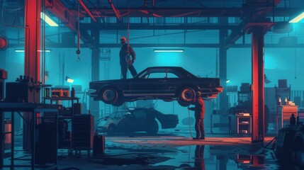 Poster - A mechanic is focused on repairing a vehicle positioned on a hoist in a low-lit garage, showcasing their technical skills and dedication. Generative AI
