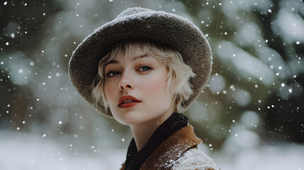 A close-up portrait of a woman with a stylish hat, surrounded by falling snow in a winter setting.