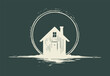 © esa - Minimalist house with a pitched roof and chimney on a dark green background. Circular brushstroke surrounds the house