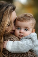 A mother cuddling her infant warmly, capturing love and a deep bond between them, evoking tenderness and care.