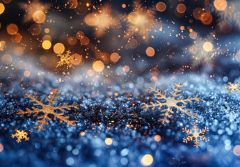 Wall Mural - blue background with snowflakes and a yellow snowflake. the snowflakes are scattered throughout the 