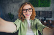 © deagreez - Portrait of young girl computer it specialist make selfie wear shirt workplace office indoors