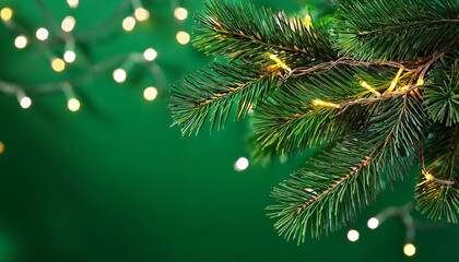 Wall Mural - a christmas tree branch decorated with garland is set against a vibrant green backgroun_1(19)