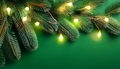 Wall Mural - a christmas tree branch decorated with garland is set against a vibrant green backgroun_1(20)