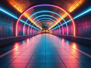 Futuristic Tunnel with Neon Lights and Tile Floor