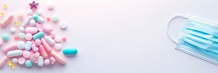 Wall Mural - A variety of colorful pills scattered on a white surface with a blue medical mask placed beside them.