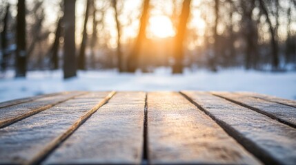 Aufkleber - A wooden table sits covered in snow, bathed in the warm glow of a sunset. Trees surround the area, creating a peaceful atmosphere in the quiet winter landscape.