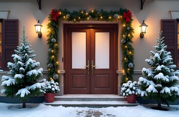 Christmas mock up with main entrance doors with Christmas decorations and snow. Copy space.