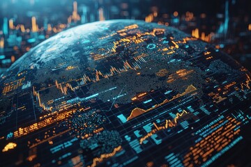 Poster - Digital Globe with Data Visualization and a Cityscape in the Background