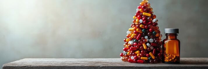 Wall Mural - Creative Christmas tree made of colorful capsules and pills next to an amber medicine bottle on a rustic wooden surface. Healthcare concept during the holiday season.