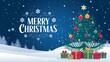 © Dmitry - Snowy landscape with Christmas tree, presents, and Merry Christmas text on a dark blue background. Flat cartoon style illustration. Christmas holiday card design for print.