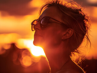 portrait of a young woman with the summer sun setting, her hair up and sunglasses on.