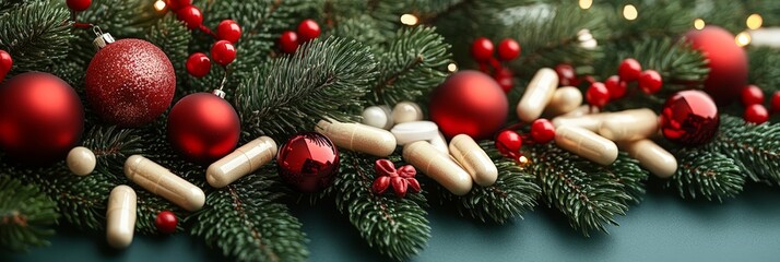 Wall Mural - Festive Christmas tree branches with red baubles and capsules among green pine needles, symbolizing the blend of healthcare and holiday spirit.