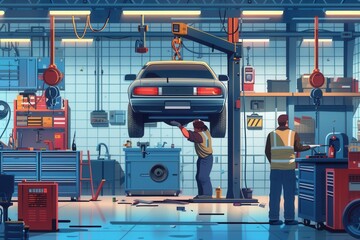 Poster - A mechanic works diligently under a vehicle raised by a hoist while colleagues assist in a well-equipped repair shop. Generative AI