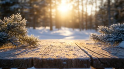 Poster - Golden sunlight filters through trees in a winter wonderland, illuminating a wooden table adorned with snow-dusted pine branches, creating a serene and peaceful atmosphere.