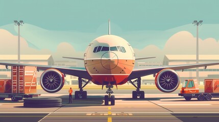 Poster - A cargo airplane is on a runway, surrounded by vehicles and equipment for loading and unloading freight in bright daylight. Generative AI
