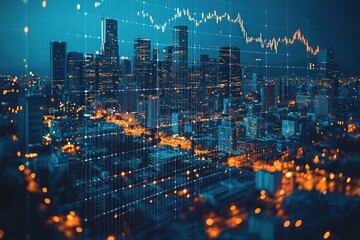 Aufkleber - A Cityscape with Stock Market Graph Overlay at Night