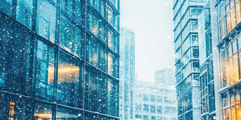 Exterior outdoor view of winter snow falling on tall corporate company business glass building, sky, copy space