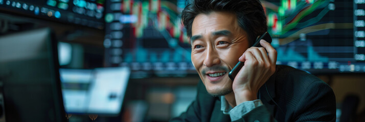 Asian male businessman talking on the phone with a customer during stock trading.