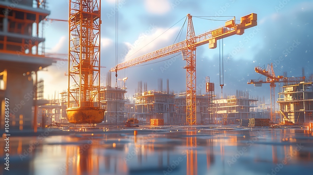Construction site tower cranes modern building urban skyline ...