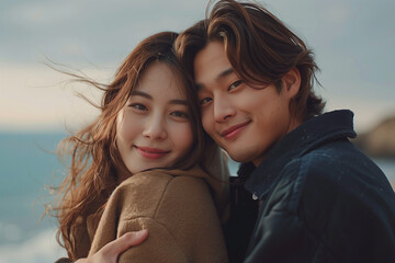 Asian couple hugging on the beach, holiday travel