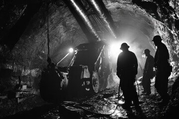 Silhouettes of miners working in a dark tunnel.