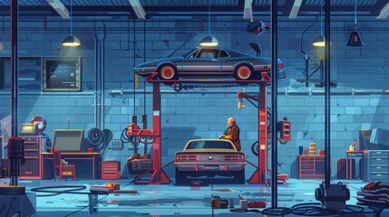 Aufkleber - A skilled mechanic works diligently under a car elevated on a hoist, surrounded by tools and equipment in a busy garage. Generative AI