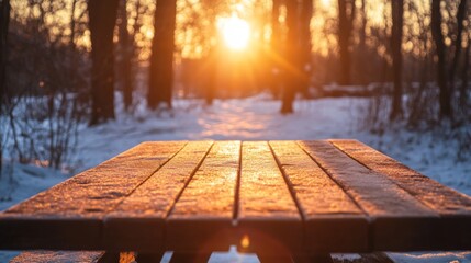 Aufkleber - The warm glow of the setting sun illuminates a wooden table in a tranquil forest covered in snow, creating a serene atmosphere.
