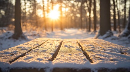 Leinwandbilder - A wooden table sits in a snowy forest. Sunlight shines through the trees, illuminating the table and the snow-covered ground.