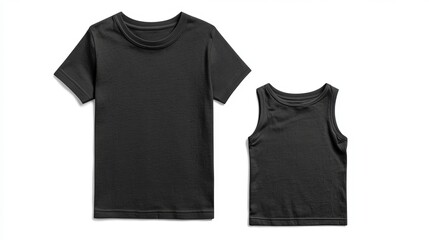 A black T-shirt, shown from the front and back, is ready for you to design on. The shirt is isolated against a white background.