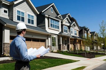 Construction supervisor reviewing blueprints in front of new homes.