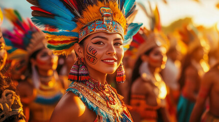 Traditional Mayan dancer performing vibrant cultural dance at a festival during sunset in Guatemala, showcasing heritage and artistry