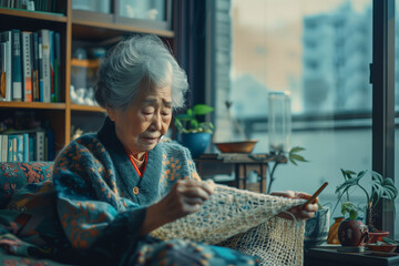 old asian woman knitting in the living room.