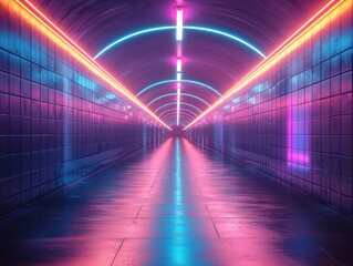 Neon-lit tiled tunnel with glowing pink and blue lights