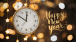 © CraftyStarVisual - A festive clock counting down with  'Happy New Year' in gold calligraphy lettering, hanging glowing stars, against a sparkling blurred bokeh background, poster, card, invitation