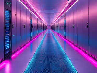 Poster - A hallway in a server room with neon pink and blue lights.