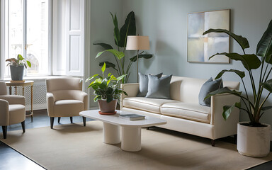 Wall Mural - Modern living room interior design with white sofa and green plants  a minimalist and elegant style   