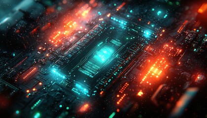 Poster - Close-up of a Circuit Board with Glowing Lights