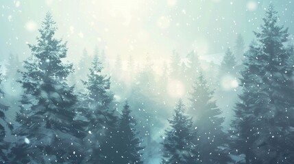 Poster - A tranquil winter morning in a snow-covered forest, featuring tall pine trees as gentle snowflakes drift through the air. Generative AI