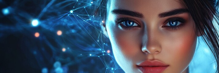 Aufkleber - A young woman with captivating blue eyes is featured in a dynamic digital setting filled with network links and data flows. Generative AI