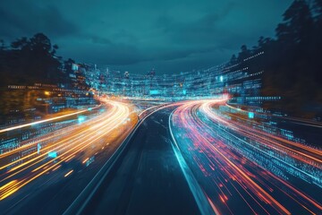 a futuristic highway with glowing lights at night.