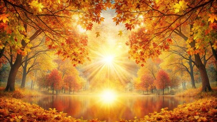 Symmetrical autumn background with leaves, sun and warm colors