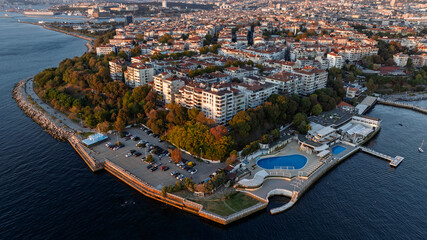 Aerial view from Moda neighborhoods of Kadikoy, a large, populous, and cosmopolitan district in the Asian side of Istanbul, Turkey.