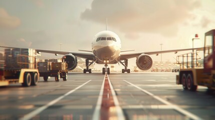 Aufkleber - A cargo airplane awaits on the runway, surrounded by various loading and unloading equipment as the sun sets. Generative AI
