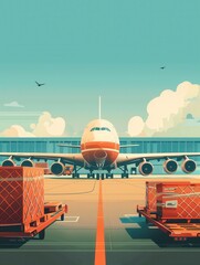 Leinwandbilder - A large cargo airplane stands on the runway as loading and unloading equipment is positioned nearby under a bright sky. Generative AI