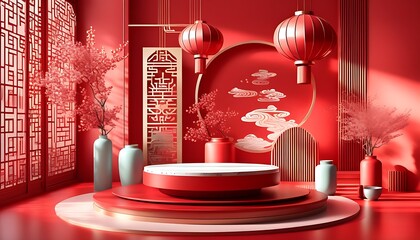 Create a traditional Chinese red and festive space, blending three-dimensional aesthetics with light and shadow art.