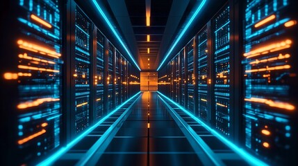 Information traveling through the data center storage in blue and orange colors. Cloud computer system internet infrastructure room, cybersecurity, telecommunication cluster, rack hardware technology